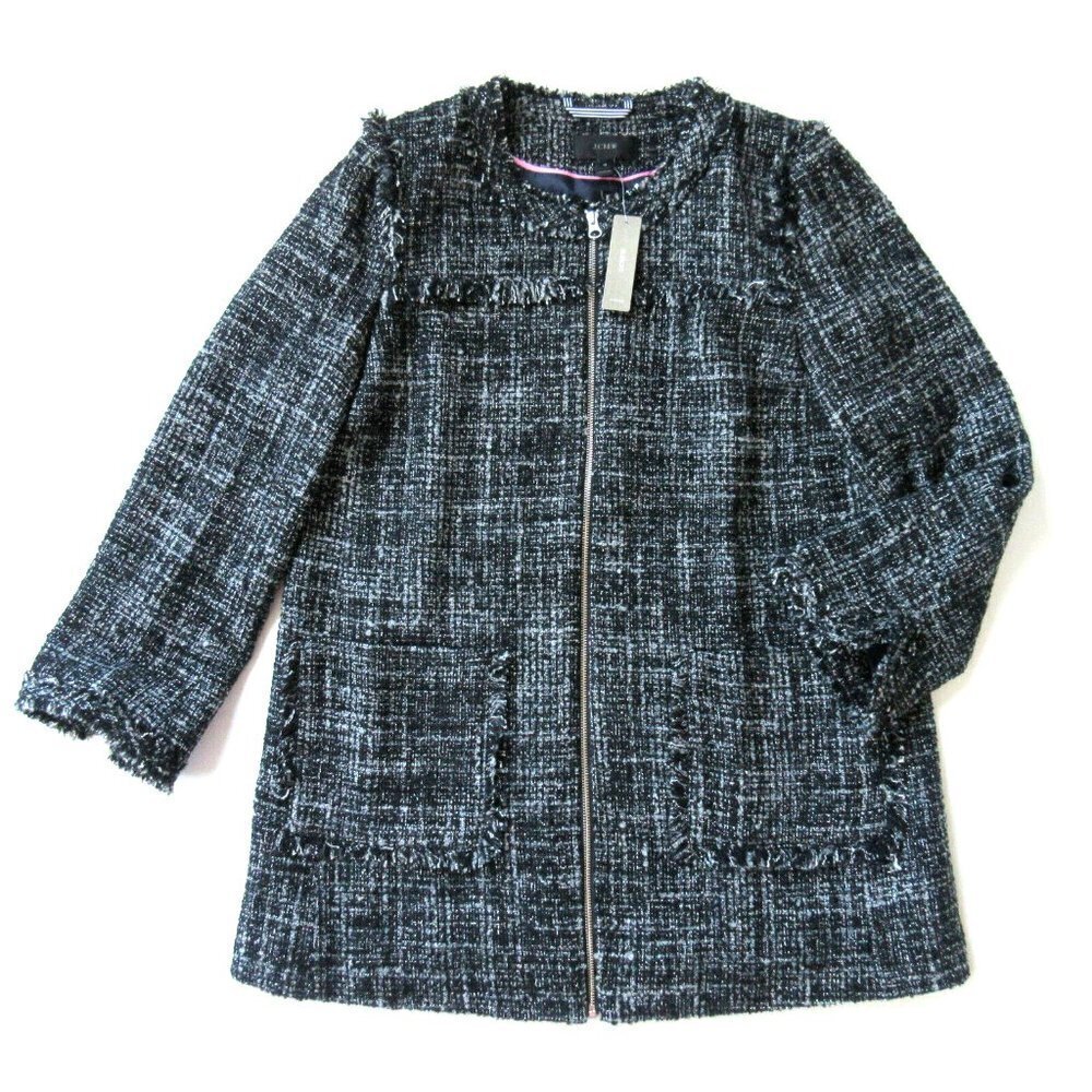 NWT J.Crew Tweed Swing Lady Coat in Raven Black Fringe Trim Coat 8 $198